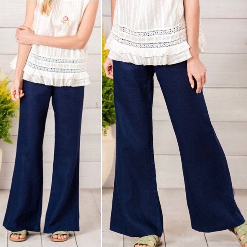 Matilda Jane Navy Linen Wide Leg Flare Knit Waist Pants Women's Size X-Small NWT